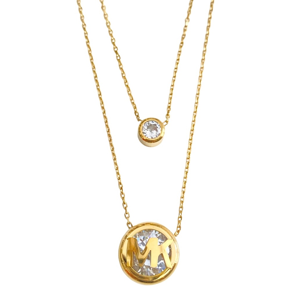 NEW Michael Kors GOLD Double Row CZ Crystal Logo Necklace $155